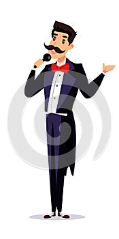 Happy showman in tailcoat, announcer on stage vector cartoon character. Cheerful man with microphone announcing