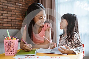 Happy sibling studying together at home