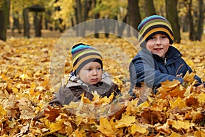 Happy sibling, two brothers in autumn leaves