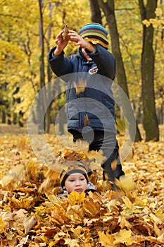 Happy sibling, two brothers in autumn leaves