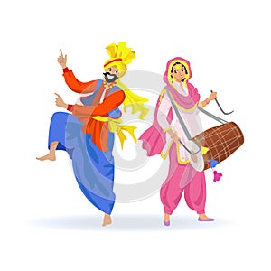 Young merry Indian Sikh couple, man in turban dancing bhangra dance and woman playing dhol drum during festival Lohri or party photo