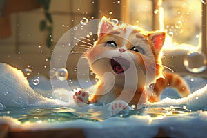 Happy singing ginger kitten playing with magical soap bubbles during bath time, grooming concept