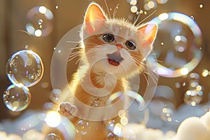 Happy singing ginger kitten playing with magical soap bubbles, cute cartoon character