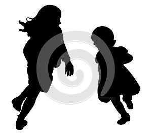 Happy sisters playing, silhouette vector