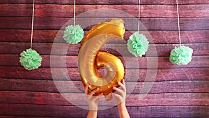 Happy sixth birthday, golden air balloons with number six