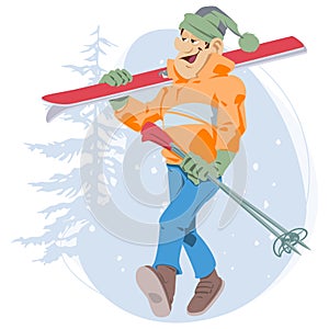 Happy skier goes skiing. Illustration for internet and mobile website