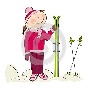 Happy skier, standing and holding ski