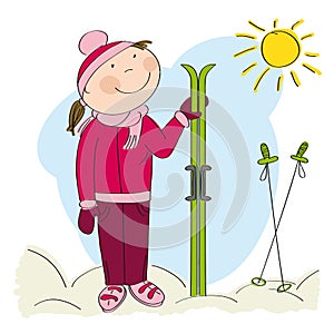 Happy skier, standing and holding ski
