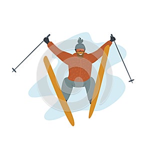Happy skiing man jumping high at ski resort isolated cartoon vector illustration