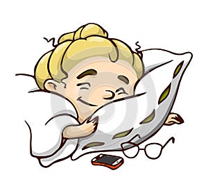 Happy sleeping cartoon girl with pillow and blanket. Vector isolated illustration