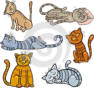 Happy and sleepy cats cartoon set