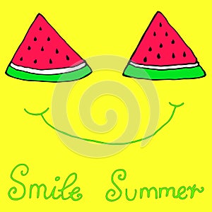 Happy sliced slices watermelon, joyful smile, isolated yellow b