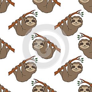 Happy sloth. Colored seamless pattern with cute cartoon character. Simple flat vector illustration isolated on white background.