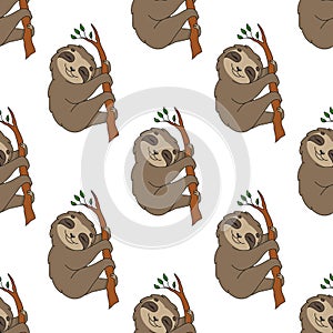 Happy sloth. Colored seamless pattern with cute cartoon character. Simple flat vector illustration isolated on white background.