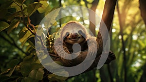 Happy sloth hanging on a tree branch in the jungle at sunset