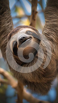 Happy Sloth hanging on a tree.