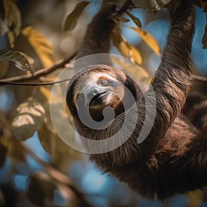 Happy Sloth hanging on a tree.