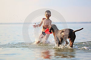 Happy small boy runs, plays with the hunting brown dog in the water. Happy childhood. Nice sunny summer day. Place of resort lake.