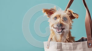 Happy small dog in a tote bag on blue background with copy space, concept of travel with a puppy on holidays and pets