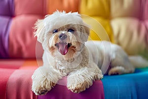 Happy Small White Fluffy Dog Lying on Colorful Sofa with Vivid Rainbow Pillows in Bright Living Room Setting, Adorable Pooch