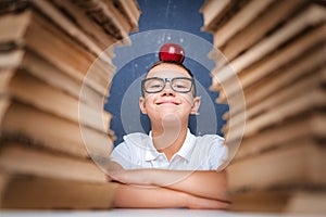 Happy smart boy in glasses sitting between two piles of books with red apple on head and look at camera smiling