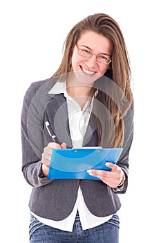 Happy smart student girl holding notebook and smiling