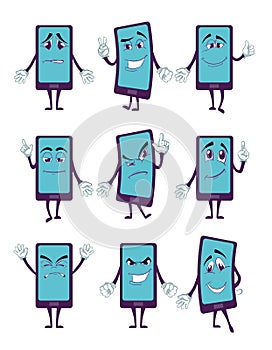 Happy smartphone cartoon character with legs and hands in various poses vector set