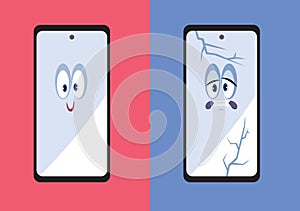Happy Smartphone Character Versus Broken Mobile Vector Cartoon Illustration