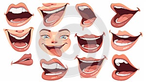 A happy smile and animated female expression. Isolated phonetic modern kit for education or game design. Cartoon woman photo