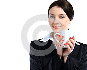 Contento sorriso donna d'affari presa tazza da caffè 