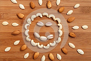 Happy smile, composition of food background. Top view, flat lay