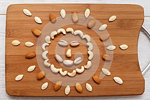 Happy smile, composition of food background. Top view, flat lay