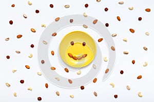 Happy smile, composition food background. Top view, flat lay