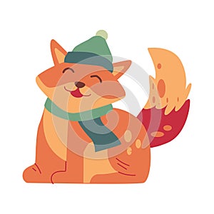 happy smile fox wearing scarf and winter hat on the winter season vector character illustration design