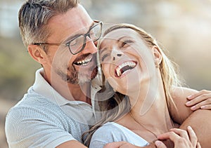 Happy, smile and laughing with couple at beach for love, travel and summer vacation. Happiness, holiday and romance with