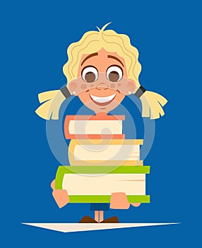 Happy smile little girl schoolgirl holding pile of books