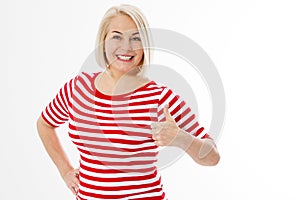 Happy smile middle-age woman show like sign isolated, beautiful middle aged woman show hand like gesture copy space close up