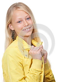Happy, smile and portrait of a girl child in a studio with a trendy, cool and stylish teenager outfit. Beauty, happiness