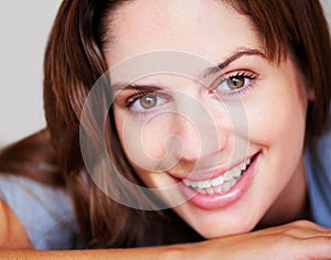 Happy, smile and portrait of woman with beauty and positive attitude, confidence and relaxing in home. Attractive, rest