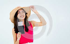 Happy smile pretty young Asian woman wearing red sleeveless and beach hat.