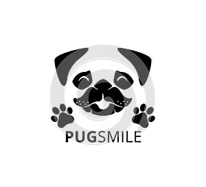 happy smile pug dog face with paw vector graphic design