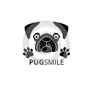 happy smile pug dog face with paw vector graphic design