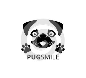 happy smile pug dog face with paw vector graphic design