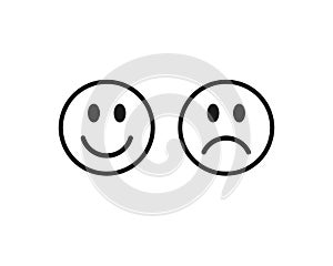 Happy smile and sad unhappy face emoji icon. Positive and negative feeling symbol. Like and unlike sign. Emoticon logo.