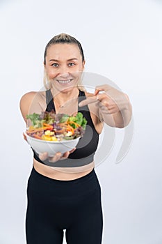 Happy smile senior woman portrait holding bowl of vegan. Clout