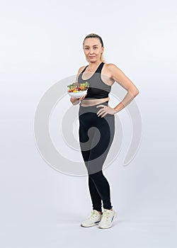 Happy smile senior woman portrait holding bowl of vegan. Clout