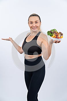 Happy smile senior woman portrait holding bowl of vegan. Clout