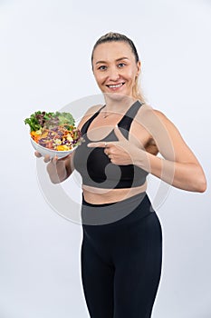 Happy smile senior woman portrait holding bowl of vegan. Clout