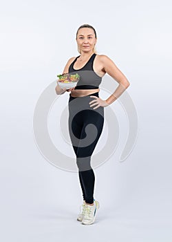 Happy smile senior woman portrait holding bowl of vegan. Clout