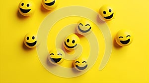 Happy smiley faces balls on yellow backdrop.